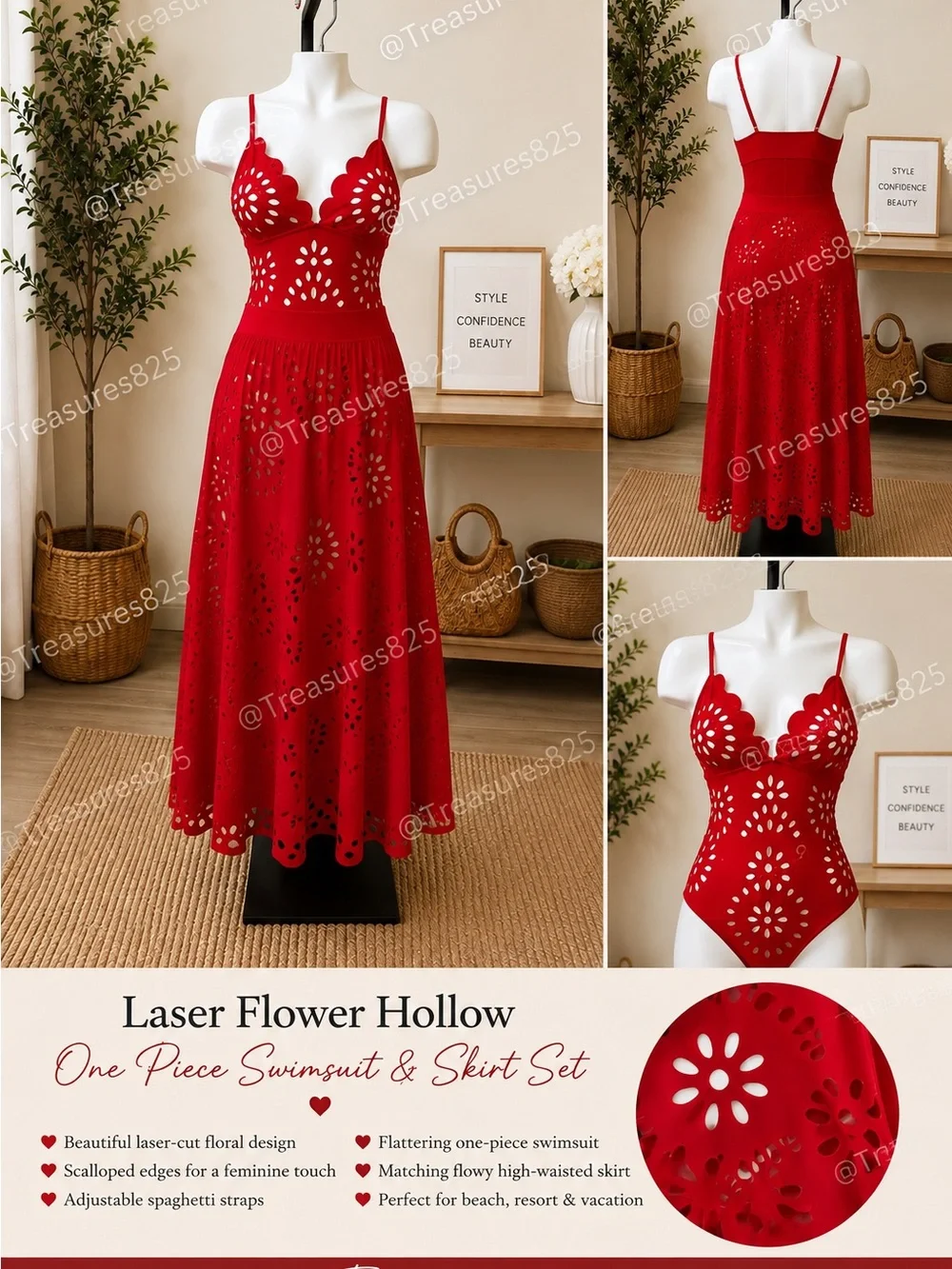 Laser Flower Hollow One-Piece Swimsuit & Skirt Set